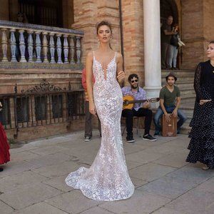 Berta 18-108 Beaded Lace Spaghetti Strap Gown